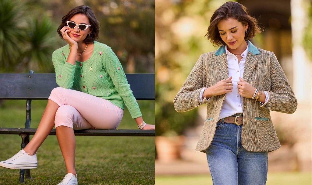Joe Browns ladies green embroidered cardigan with pink trousers