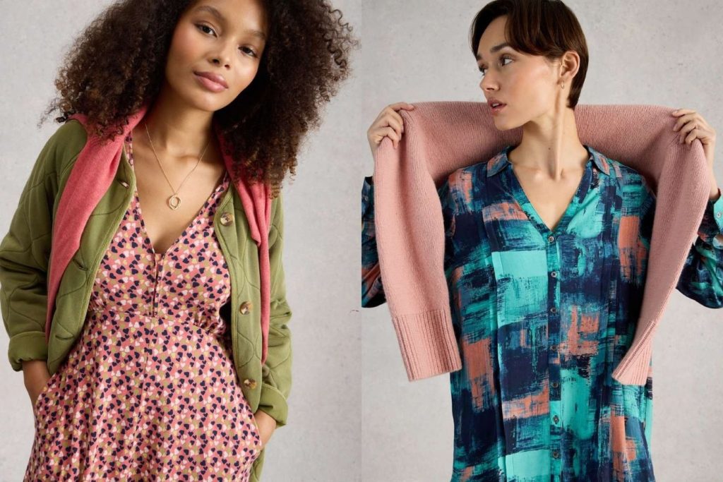 White Stuff ladies new season fashion with printed dress and patterned blouse