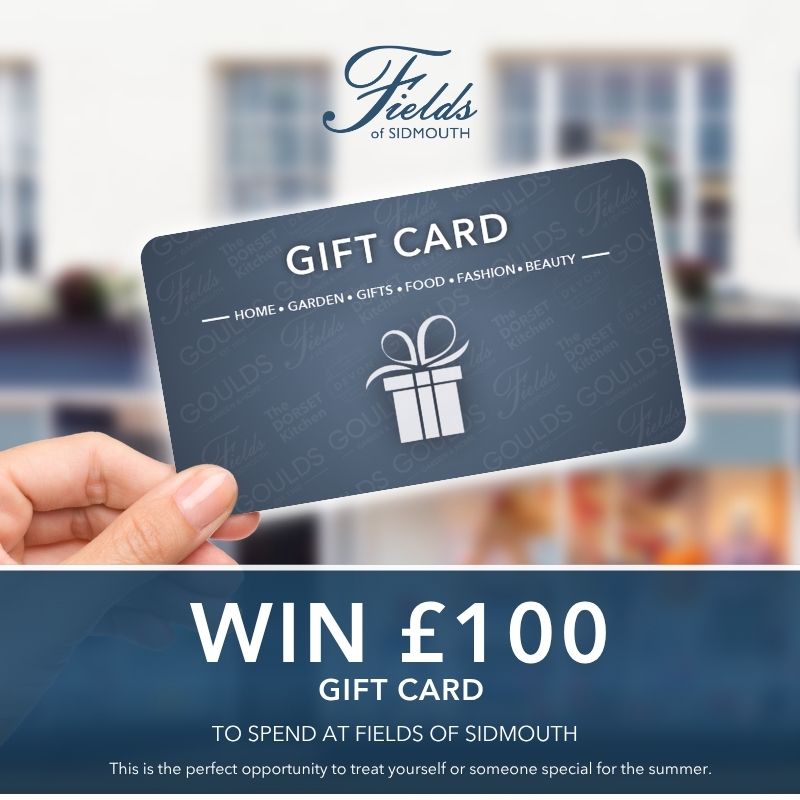 A picture of a Fields Of Sidmouth gift card to advertise a competition to win a £100 to spend in-store in collaboration with Visit Sidmouth