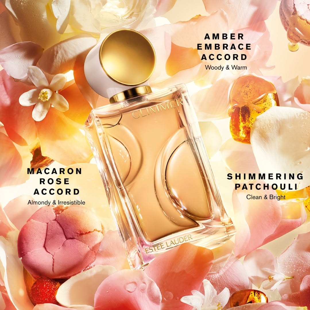 Estee Lauder Glimmer Eau de Parfum Led on a bed of petals